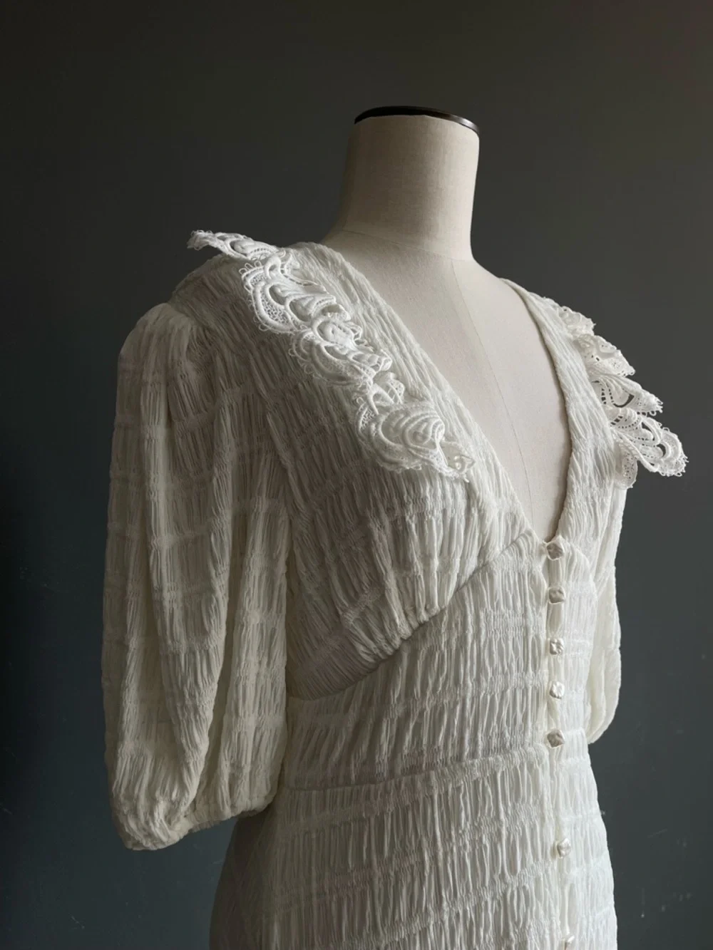 CIEBON White Textured Midi Dress Lace Trim Puff Sleeve Romantic Cottagecore Soft - Picture 2 of 5